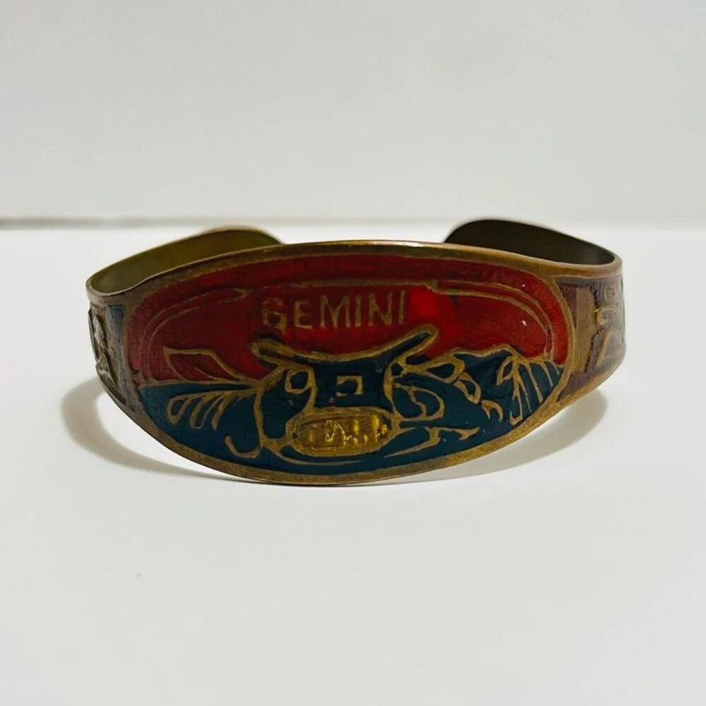 Vintage 1970s Gemini Brass Enamel Cuff Bracelet Zodiac Horoscope India - Damage
